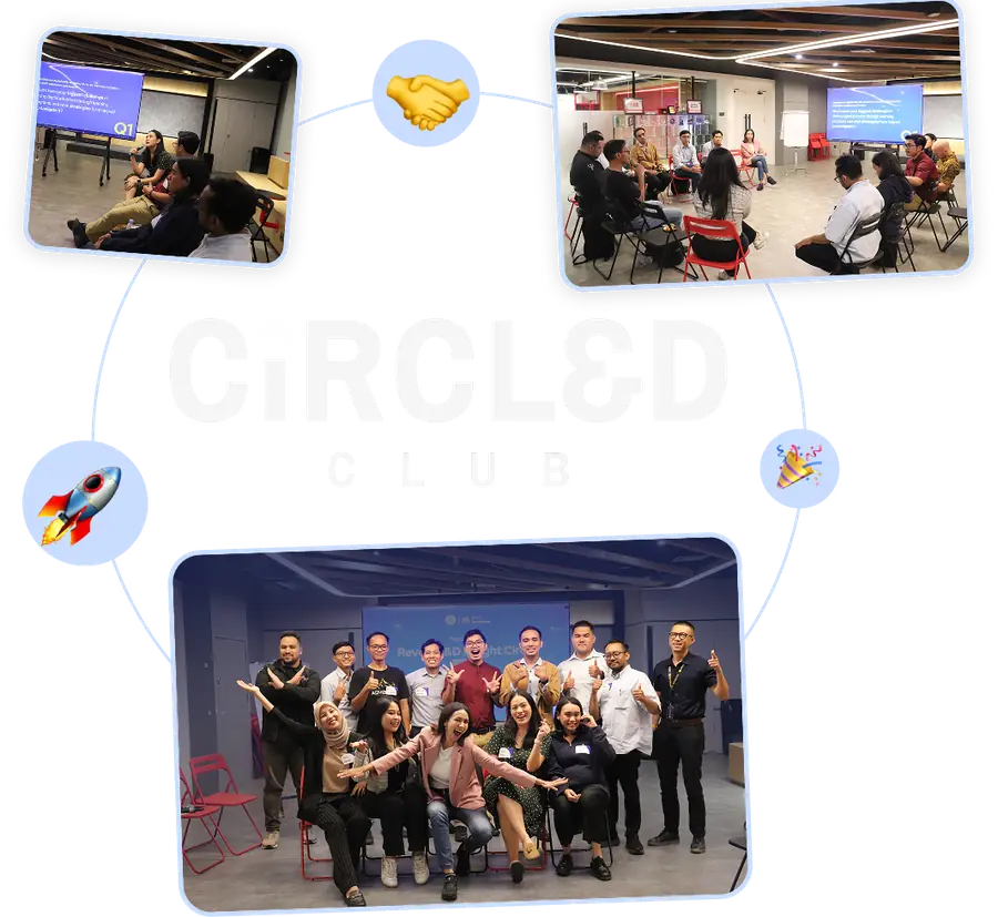 Kolase momen komunitas CIRCL&D Club: sesi kelas, diskusi panel, dan foto bersama anggota komunitas.